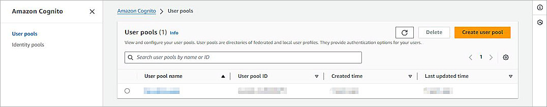 Screenshot of create user pool.